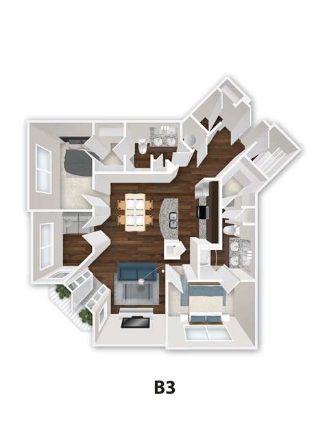A floor plan of a B3 sized room with furniture and appliances.